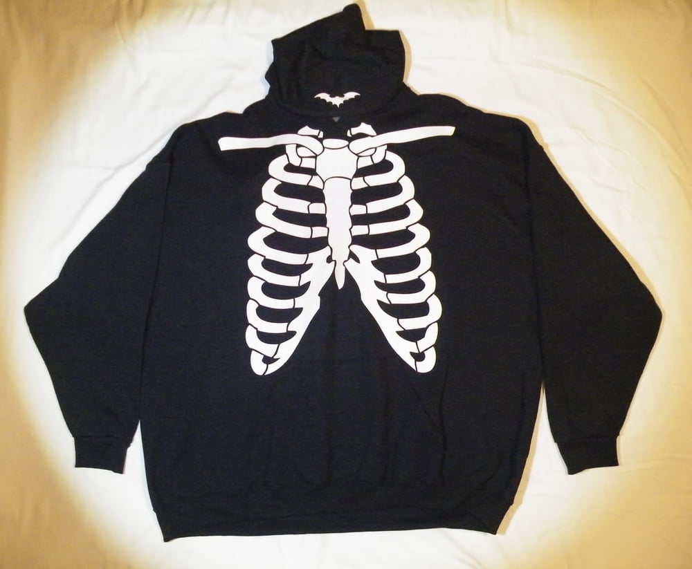 Glow-In-The-Dark Skeleton Rib Cage w/ Bat on Hood - Black 100% Cotton Hoodie - Adult 4XL (LAST 1 LEFT!)