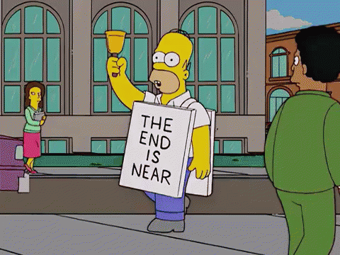 Homer Simpson Ringing A Bell & Carrying A Sign That Read "The End Is Near" - Diehard Designs